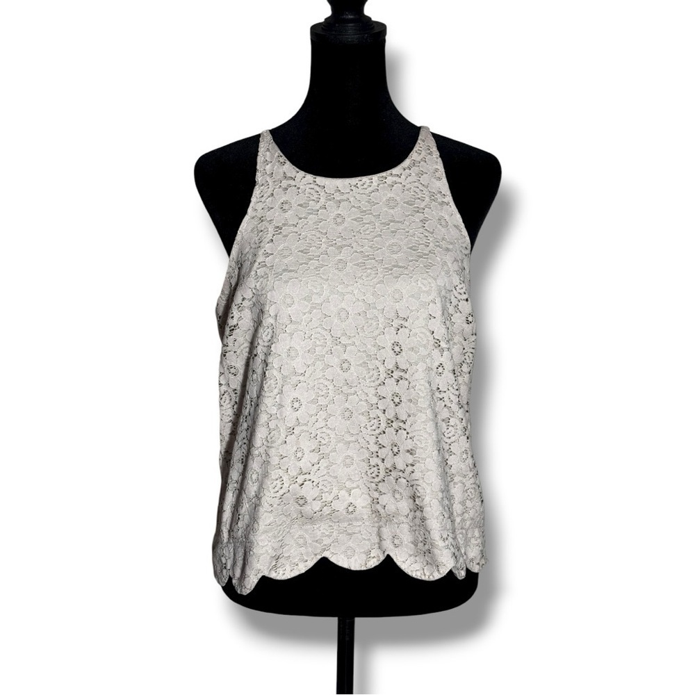 Monteau Pale Pink/Nude Lace Overlay High Neck Sleeveless Scalloped Hem Crop Top